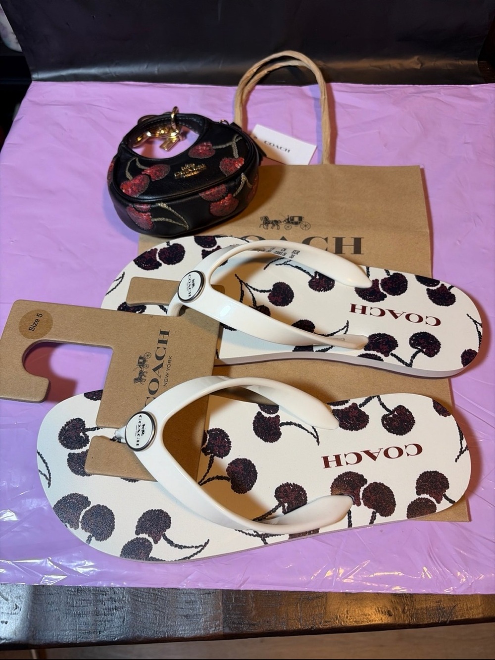 Coach White Flip Flops with Dark Cherry Print and mini bag charm set